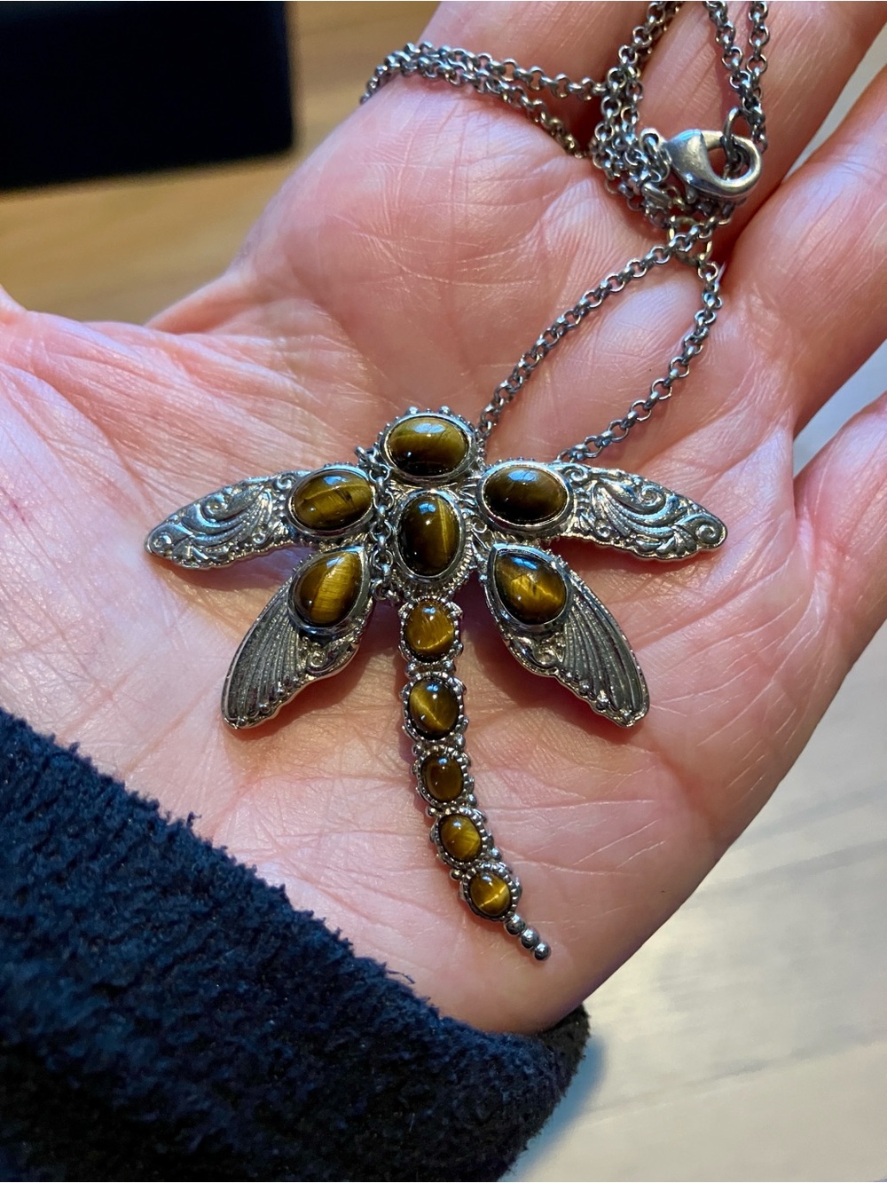 Dragonfly Pendant Necklace with Brown Tiger-Eye Stones
